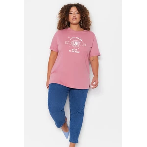 Trendyol Curve Pink Knitted Crew Neck Printed T-Shirt