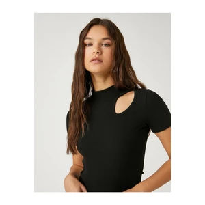 Koton Crop T-Shirt with Window Detail Standing Collar Short Sleeves