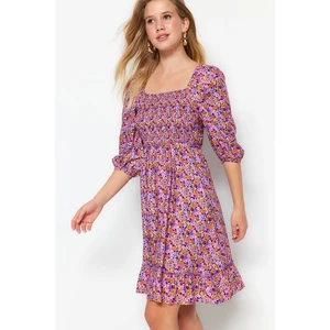 Trendyol Purple Floral Patterned Button Down Mini Opening at the Waist Dress