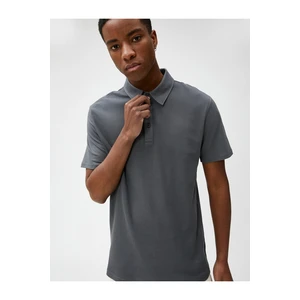 Koton Polo Neck T-Shirt with Textured Buttons, Slim Fit, Short Sleeves.