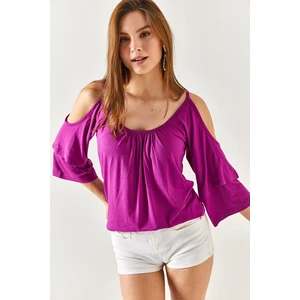Olalook Women's Purple Ruffled Sleeves, Decollete Flowy Blouse