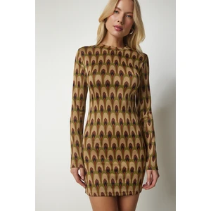 Happiness İstanbul Women's Beige Green Stand-Up Collar Patterned Mini Knitwear Dress