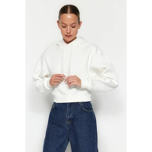 Trendyol Thick Ecru, Fleece Inside, Hoodie. Relaxed-Cut Crop Basic Knitted Sweatshirt