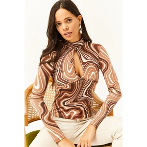 Olalook Women's Brown Cream Roba Decollete Lycra Knitted Viscose Blouse
