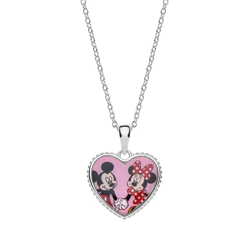 Disney Romantický stříbrný náhrdelník Minnie and Mickey Mouse (řetízek, přívěsek)