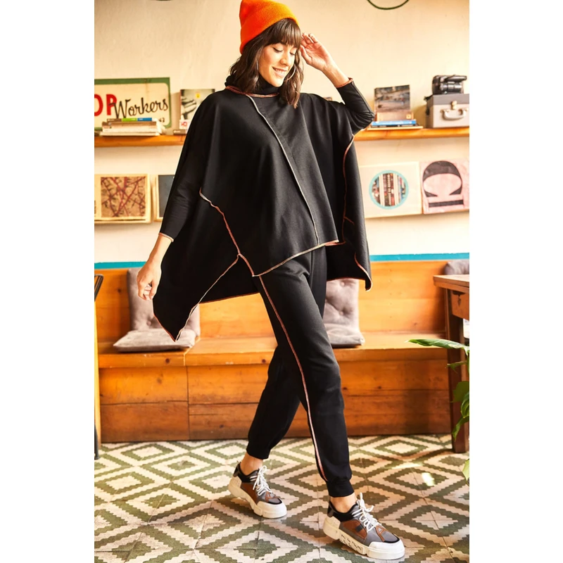 Olalook Women's Black Cloak and Reverse Stitched Knitted Tracksuit Set Olalook Women's Black Cloak and Reverse Stitched Knitted Tracksuit Set