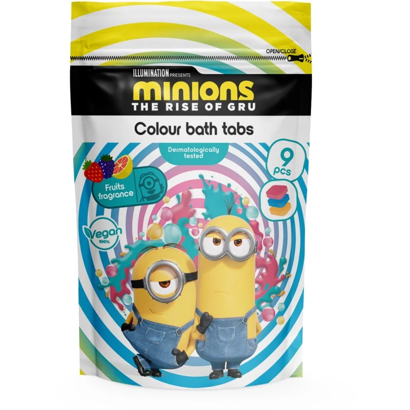 Minions The Rise of Gru Bath Tabs barevné šumivé tablety do koupele Strawberry, Pomelo, Blackberry 9x16 ks